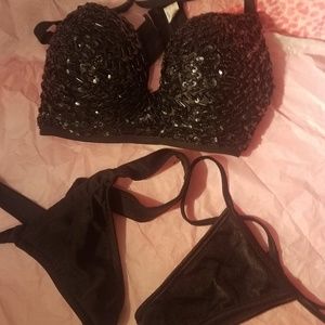 Black beaded bra. Entertainer friendly.